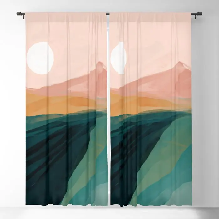 

Pink, Green, Gold Watercolor Mountains Blackout Curtains Print Window Curtains for Bedroom Living Room Decor Window Treatments