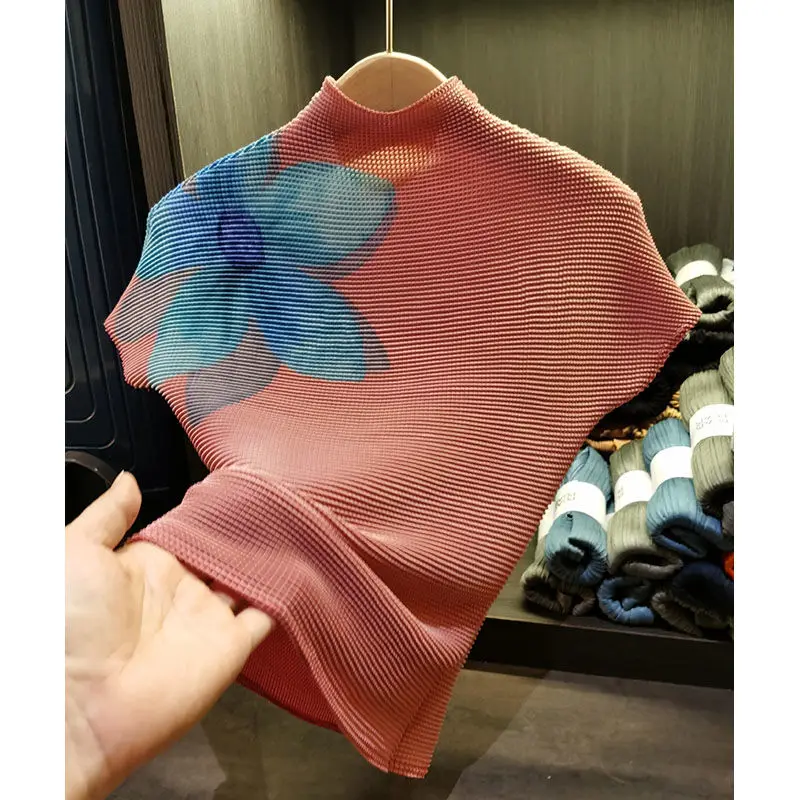 Women's Summer New Half High Neck Pullover Fashion Commute Color-blocked Pleated Flower Slim Elastic Short Sleeved T-shirts Tops