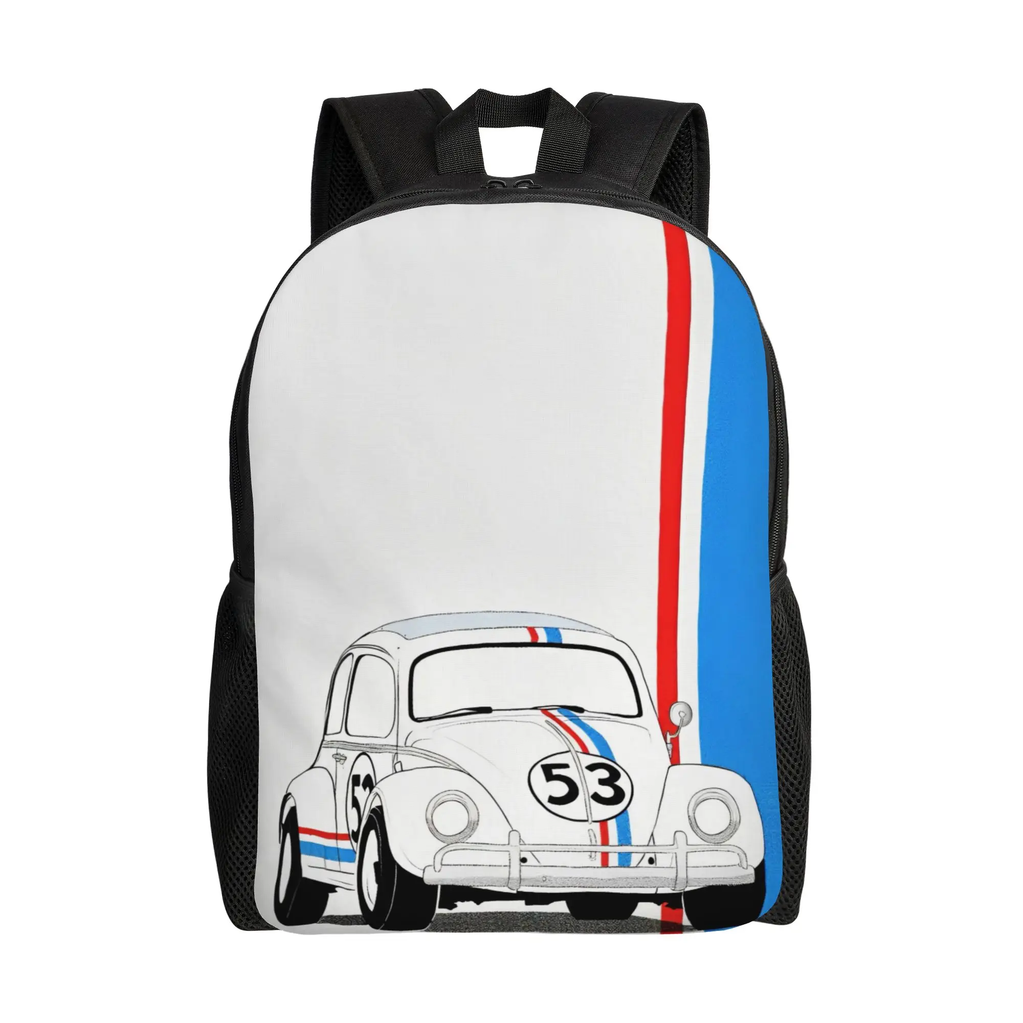 Herbie Number 53 Backpack Fashion High School Hiking Travel Daypack Race Car Enthusiasts Stripe Laptop Shoulder Bag Outdoor