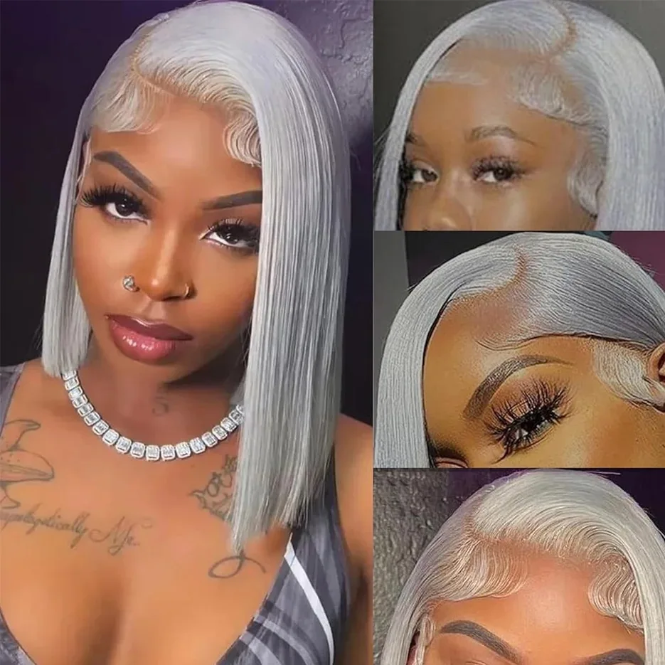 Grey Bob Wigs Synthetic 13x4 Lace Front Wig Glueless Brazilian Straight for Women Pre Plucked Natural Hairline 180 Density