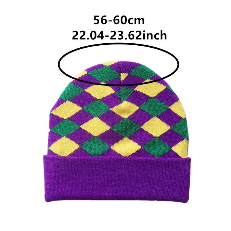 Classic Mardi Gras Carnival Beanie- Stretchy Lightweight Unisex Winter Beanies,  Vibrant Purple, Green & Yellow Pattern Beanies