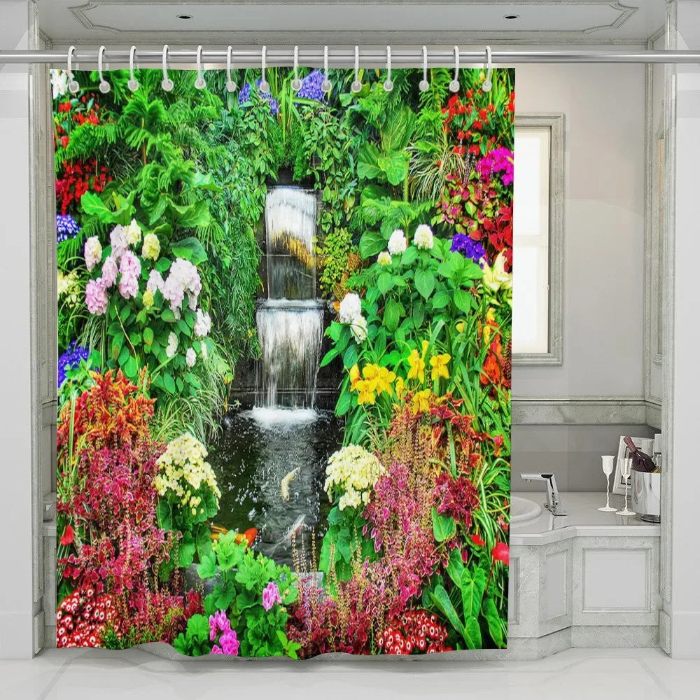 3D Bathroom Shower Curtain Waterfall Garden Water Plant Flower Courtyard Landscape Home Decor Bath Curtain Polyester Fabric Hook