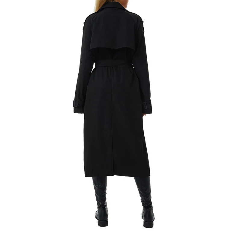 Dames Casual Mode Lange Trenchcoat Klassieke Dubbele Rij Knopen Revers Lange Mouw Winddichte Overjas Met Riem Streetwear