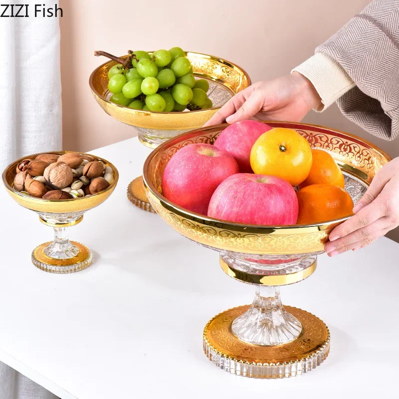 Golden Glass Tray Fruit Dish Desktop Storage Geometry Tall Feet Kitchen Storage Crystal Glass Plate Modern Home Decoration