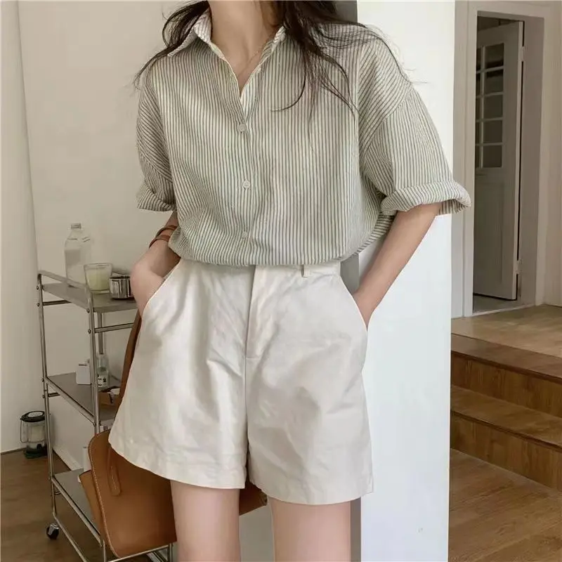 Rimocy Korean Blue Stripe Short Sleeve Shirt Women Summer Turn Down Collar Chic Blouse Woman Office Loose Button Up Shirts Mujer