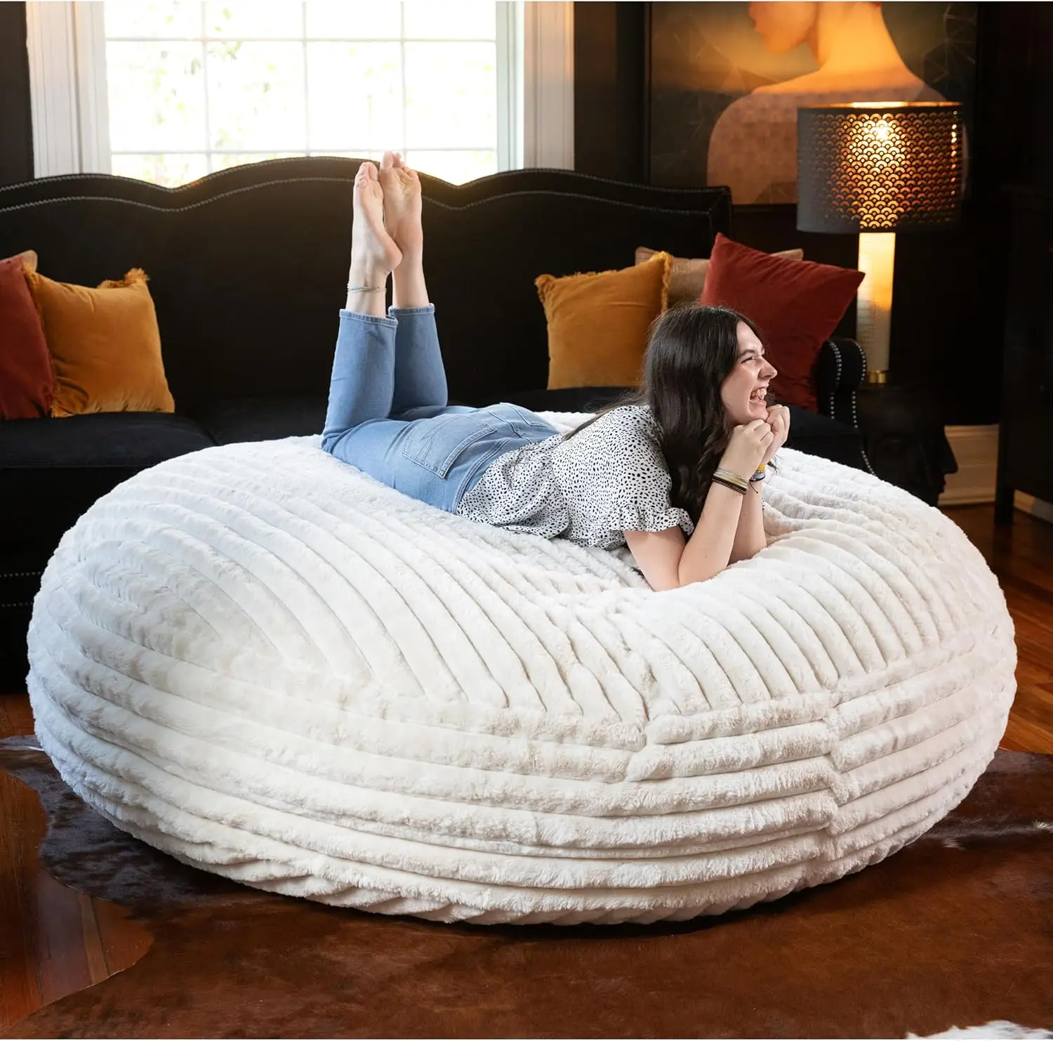 6 Foot Cocoon - Large Bean Bag Chair for Adults, Premium Luxe Faux Fur - Mondo Ivory