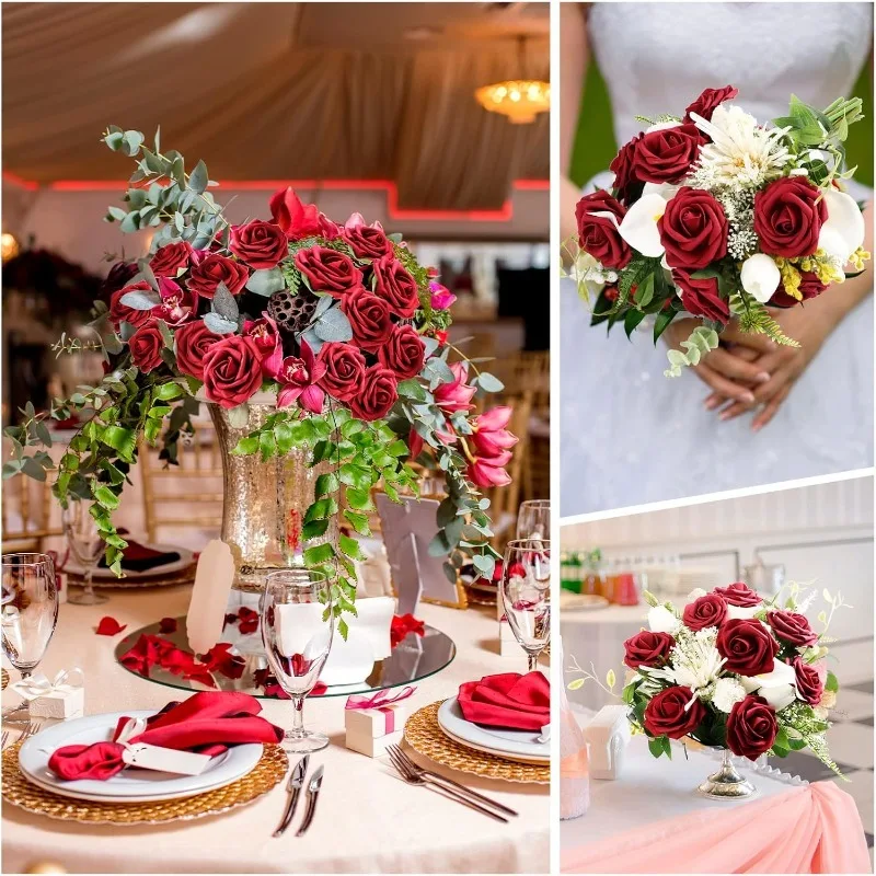 25Pcs Plastic Artificial Flower With Stems Leaf Rose Head DIY Crafts Gift Home Room Decor Wedding Decoration Navidad Accessories - view 5