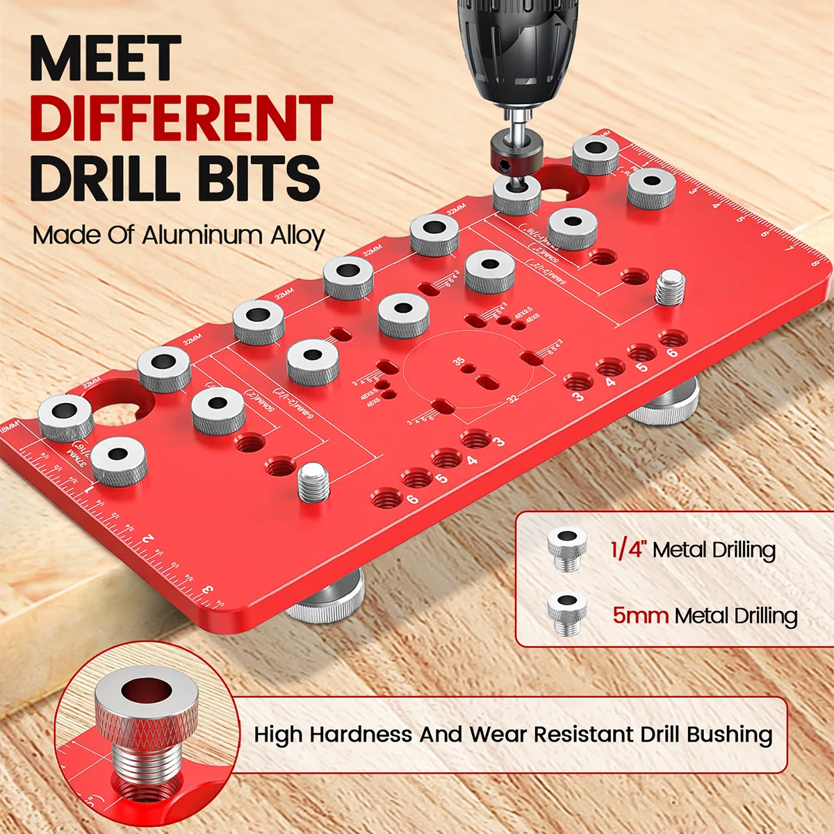 

Shelf Pin Jig and Hinge Jig Two-in-One, Self-contained Clamping Function All Metal Shelf Pin Drilling Jig with 1/4" and 5mm Dril