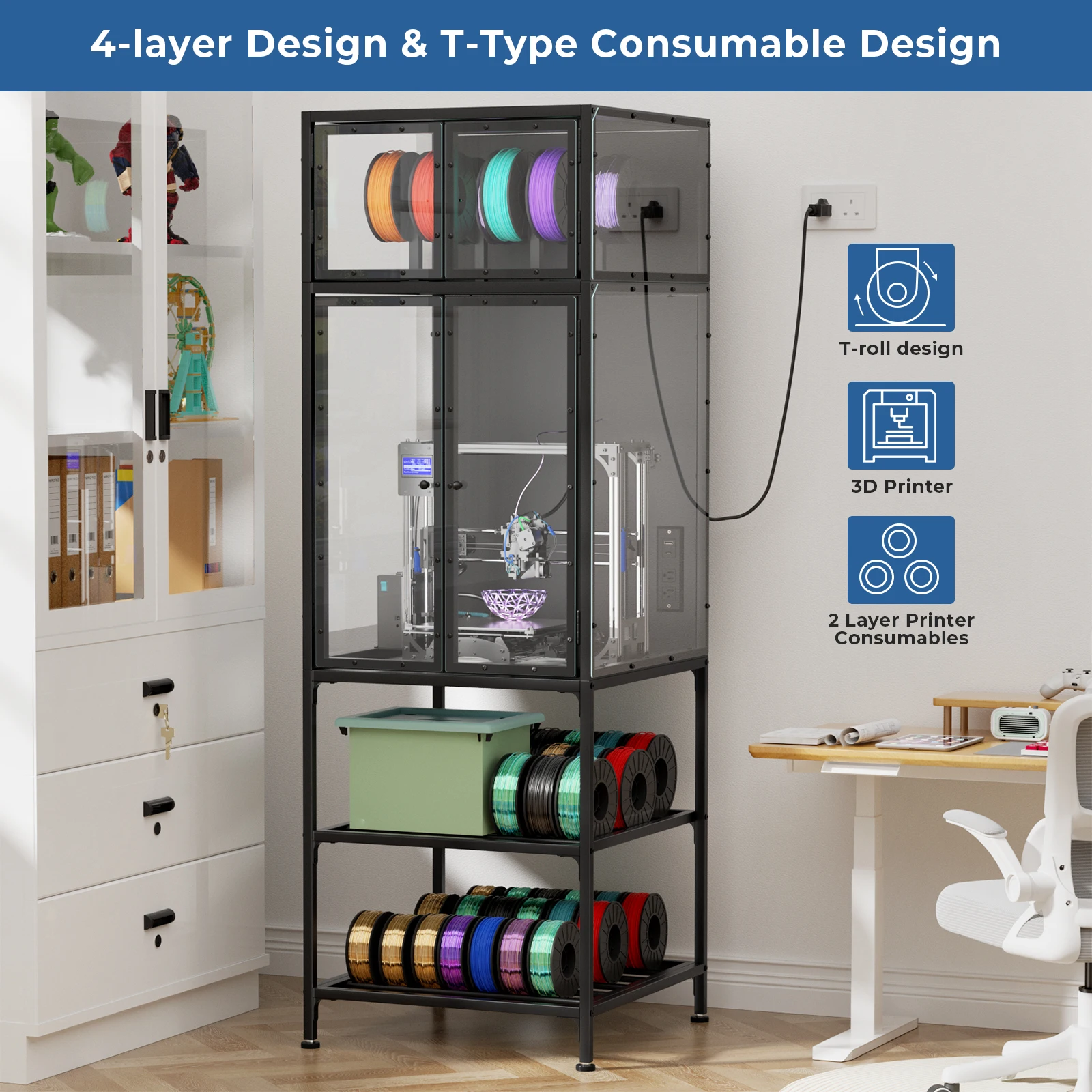 

Double Layer 3D Printer Storage Cabinet with T-Shape Filament Spool Holder Rack, Noise Reduction Dustproof Enclosure Design, Multilayer Desktop Organizer Stand Shelf for 3D Printer Workshop Home Office Printing Studio
