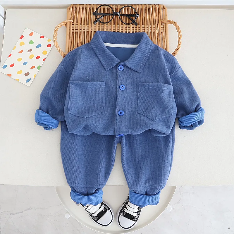 Childrens Clothing 2023 Korean Style Baby Boy Clothes Free Shipping Solid Color Long Sleeve Cardigan Coats and Pants Boys Outfit