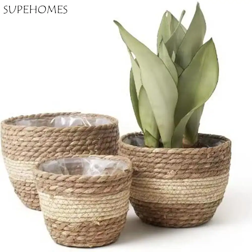 

S/M/L Straw Weaving Flower Plant Pot Decorative Handmade Flowerpot Storage Baskets Leakproof Grass Woven Planter Basket Terraces