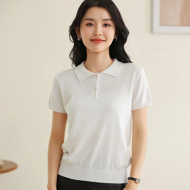 

Summer Women's 100% Cotton Short Sleeve T-shirt Knitted POLO Collar Solid Color Basic Breathable Cool Hot Selling Top for Women