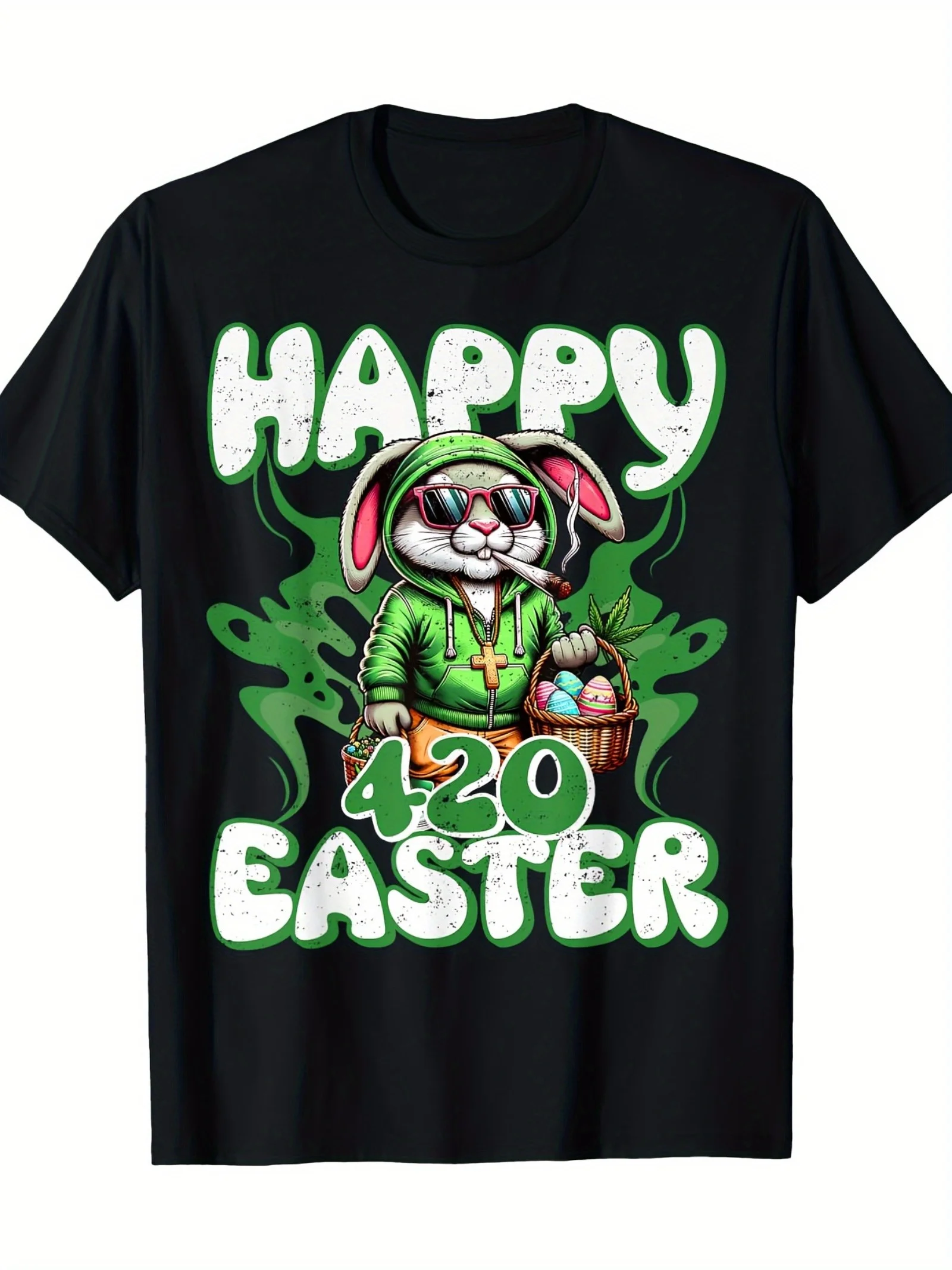 Happy Easter Bunny Weed Graphic Tee Men's Casual Cotton Short Sleeve T-Shirt