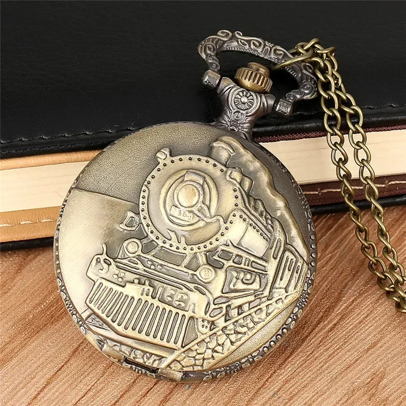 Bronze Locomotive Steam Train Men Women Quartz Analog Pocket Watch Necklace Chain Pendant Clock Arabic Number Display Timepiece