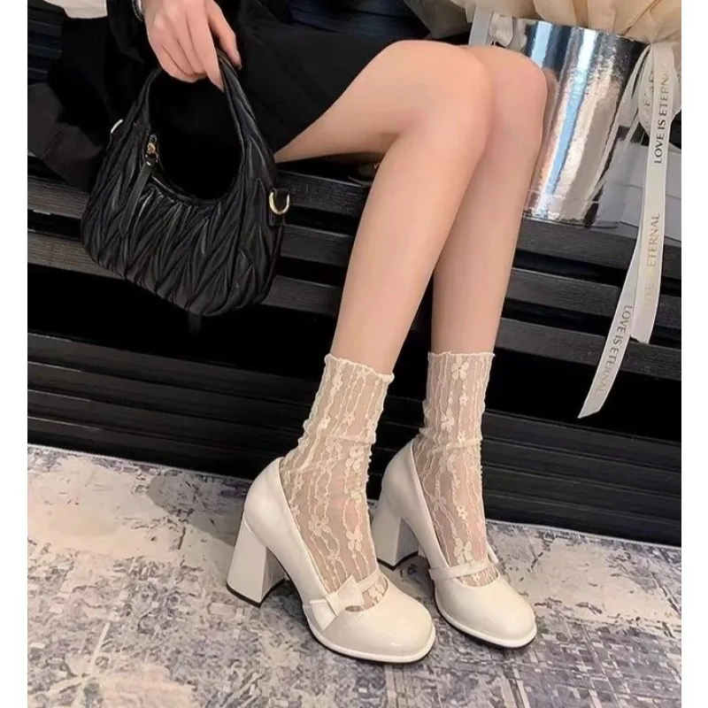 Sweet Bow High Heels Slip on Mary Shoes Women's Cute Round Shape Toe Cap Party Shoes for Women Patent Leather Pumps，Retro,35-40