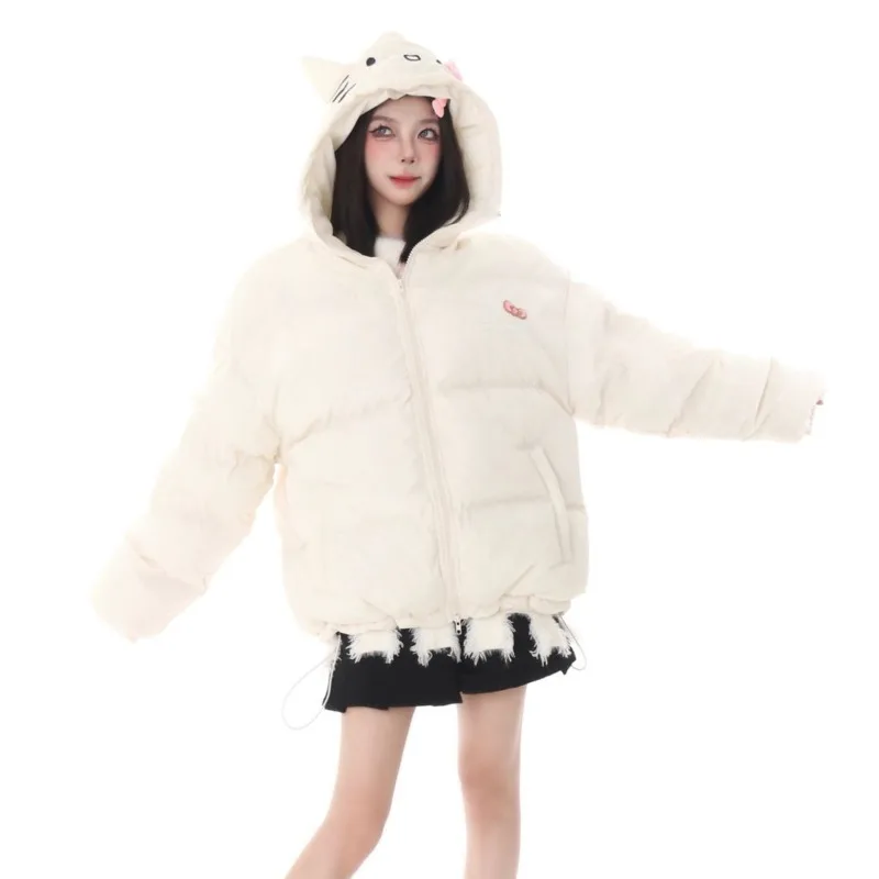 2024 New Hello Kitty Hooded Padded Down Coat Clothes for Women Cute Sweet Winter Warm Loose Zipper Parkas Jackets