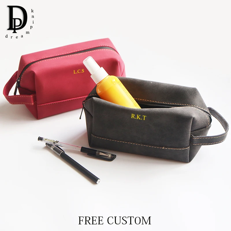 Tas kosmetik kulit PU inisial kustom tas persegi buram modis Organizer perjalanan Retro tas penyimpanan perlengkapan mandi Dandan portabel