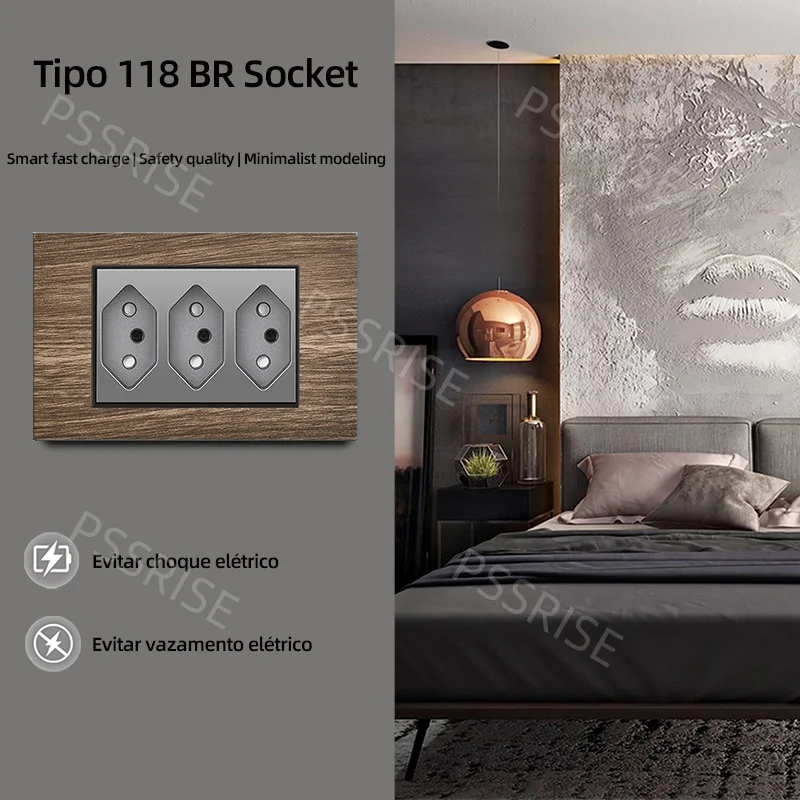 

PSSRISE Grey BR Standard Wall Switch Socket with 2.1A USB Type-c Charger Wood Grain Panel Light Switch Computer TV Power Outlet