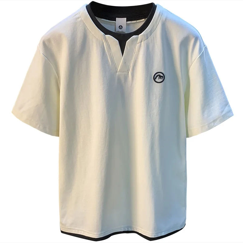 Summer T-shirt Men's Trendy Fashion Knitted Embroidered Small V-neck Fake Two piece Stacked Short Sleeve Breathable Top