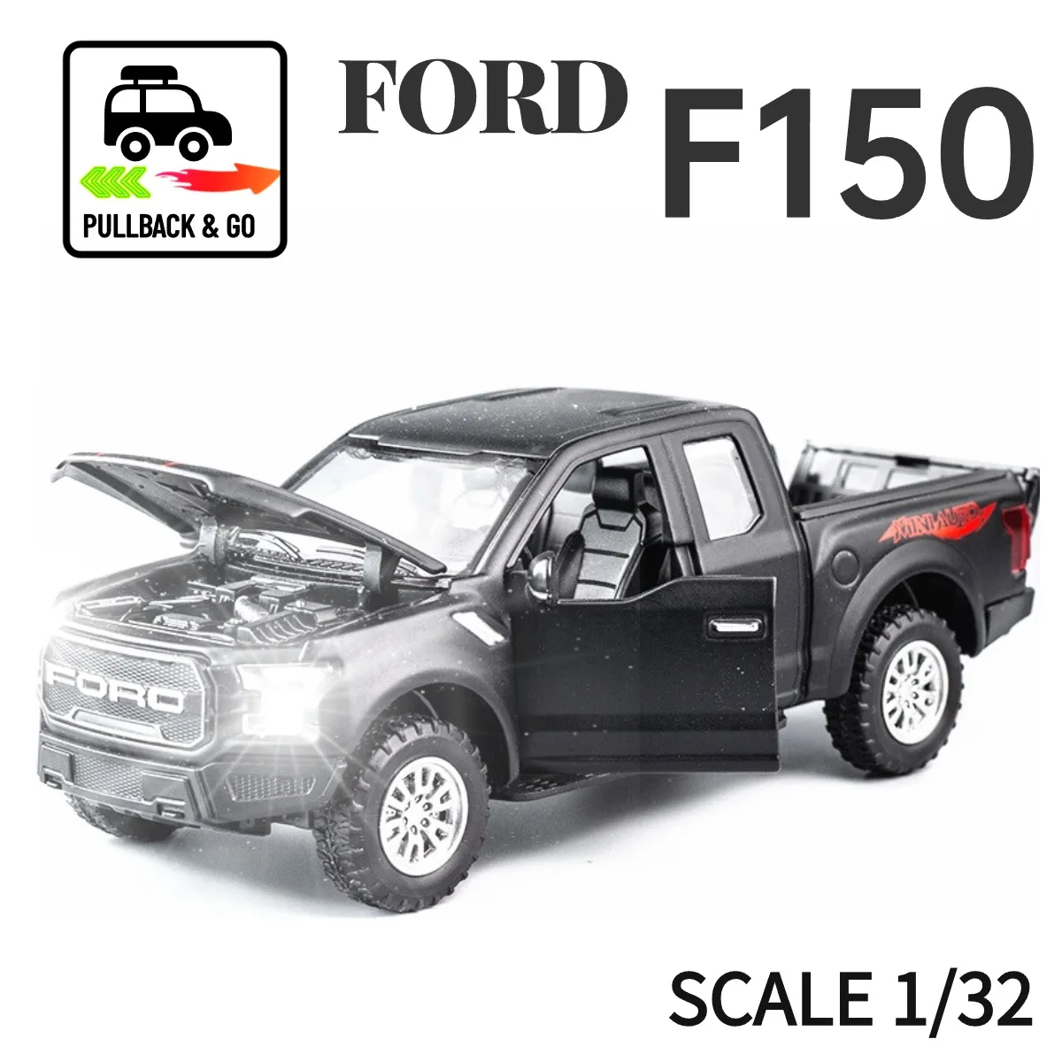 

1:32 Ford F150 Pickup Pullback Car Toy with Lights Engine Sound, Metal Diecast Car Model Scale Replica Gift Kid Boy Toy