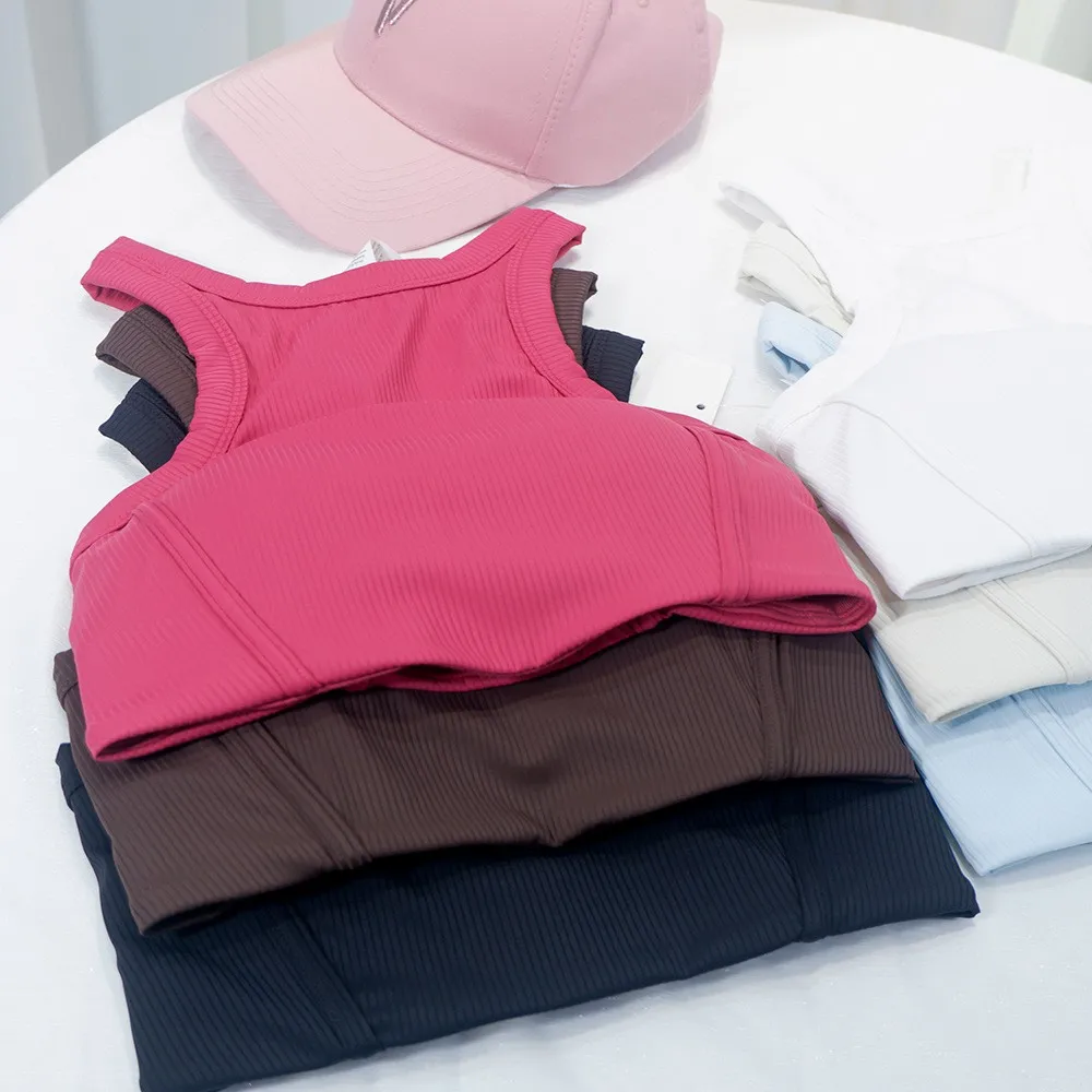Summer Yoga Wear Racerback Ribbed Sports Vest for Women with Chest Pads, Bra Covering Side Breasts, Fitness Bra, Running Shockpr