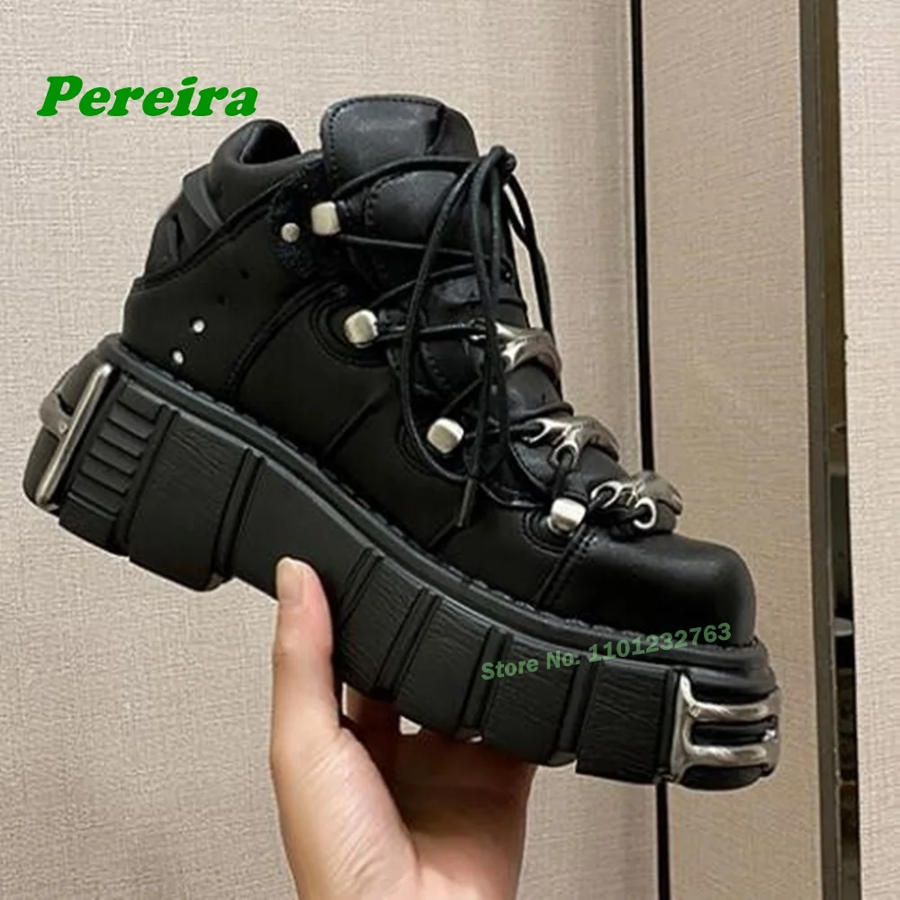 White Metal Punk Boots Platform Lace Up Thick Sole Women's Men's Shoes Height Increasing Spicy Girls Gothic Spring Shoes Casual