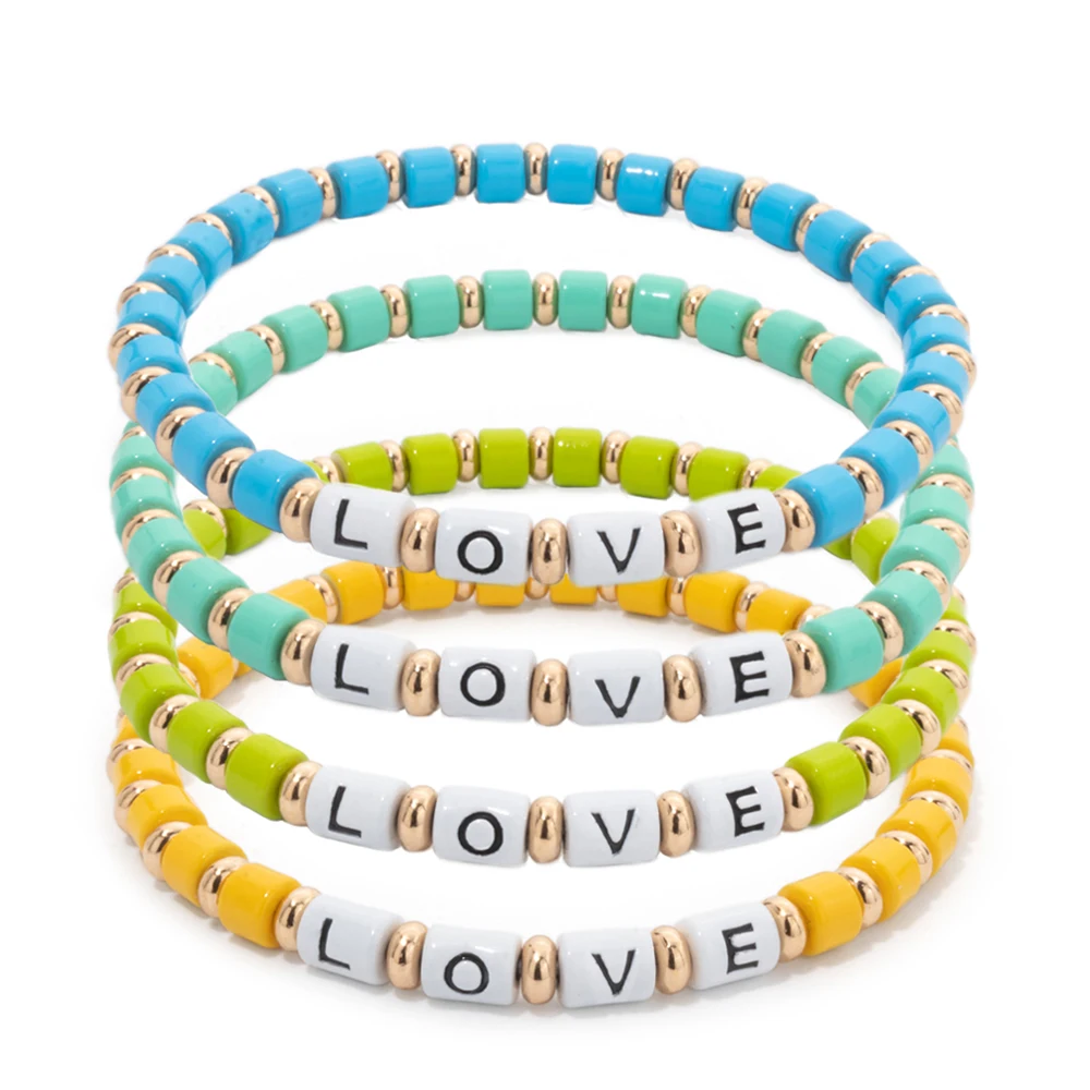 New Fashion 5X4mm Enamel Bangle For Women Colorful Boho LOVE Beaded Elastic Bracelets