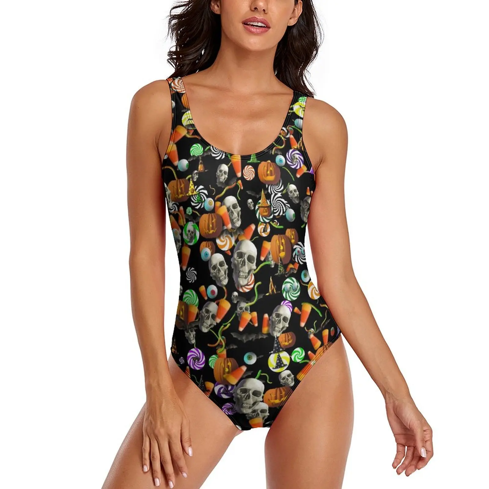 Skull Meme Print Swimsuit Halloween Swimwear One-Piece Holiday Surf Swimsuits Hollow Out Bathing Suits Women Push Up Beachwear