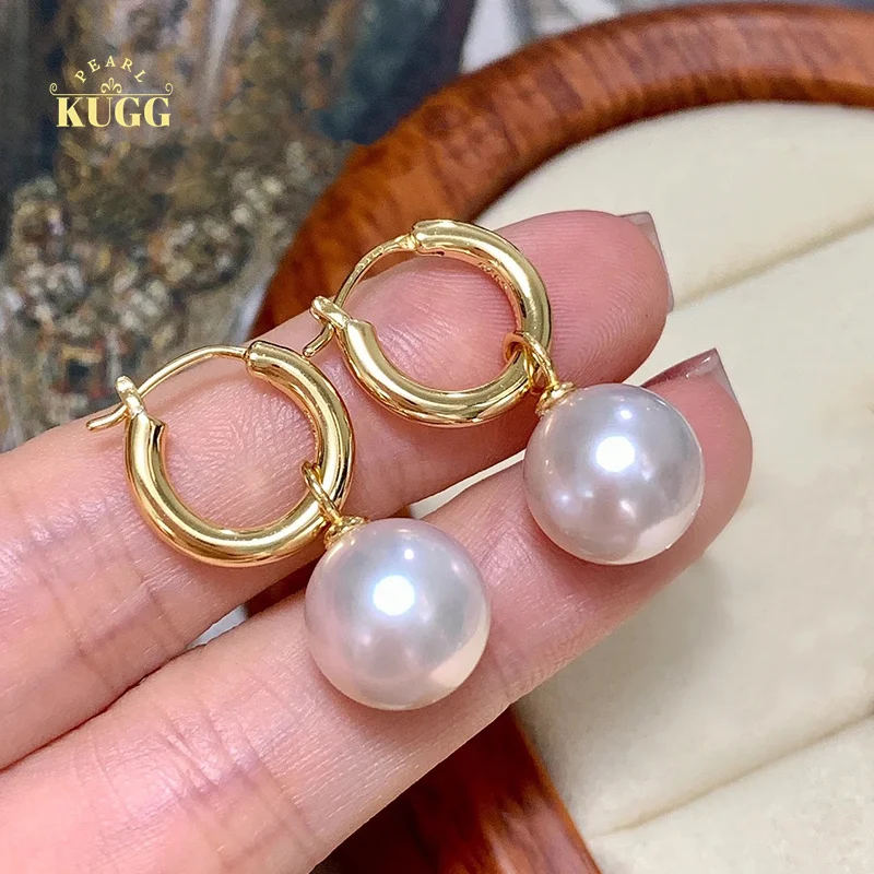 

KUGG PEARL 18K Yellow Gold Earrings 9-10mm Natural Freshwater Pearl Earrings Elegant Multiple Wearing Method Jewewlry for Lady