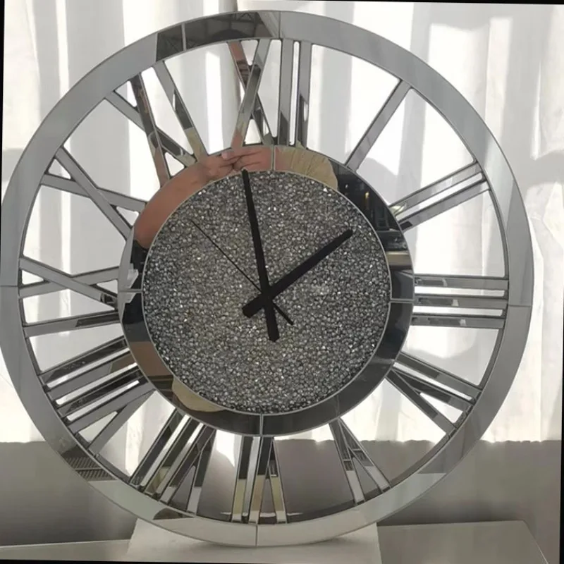 Living Room Home Silver Mirror, Rhinestone Roman Numeral Clock, Silent Wall Clock, Clock