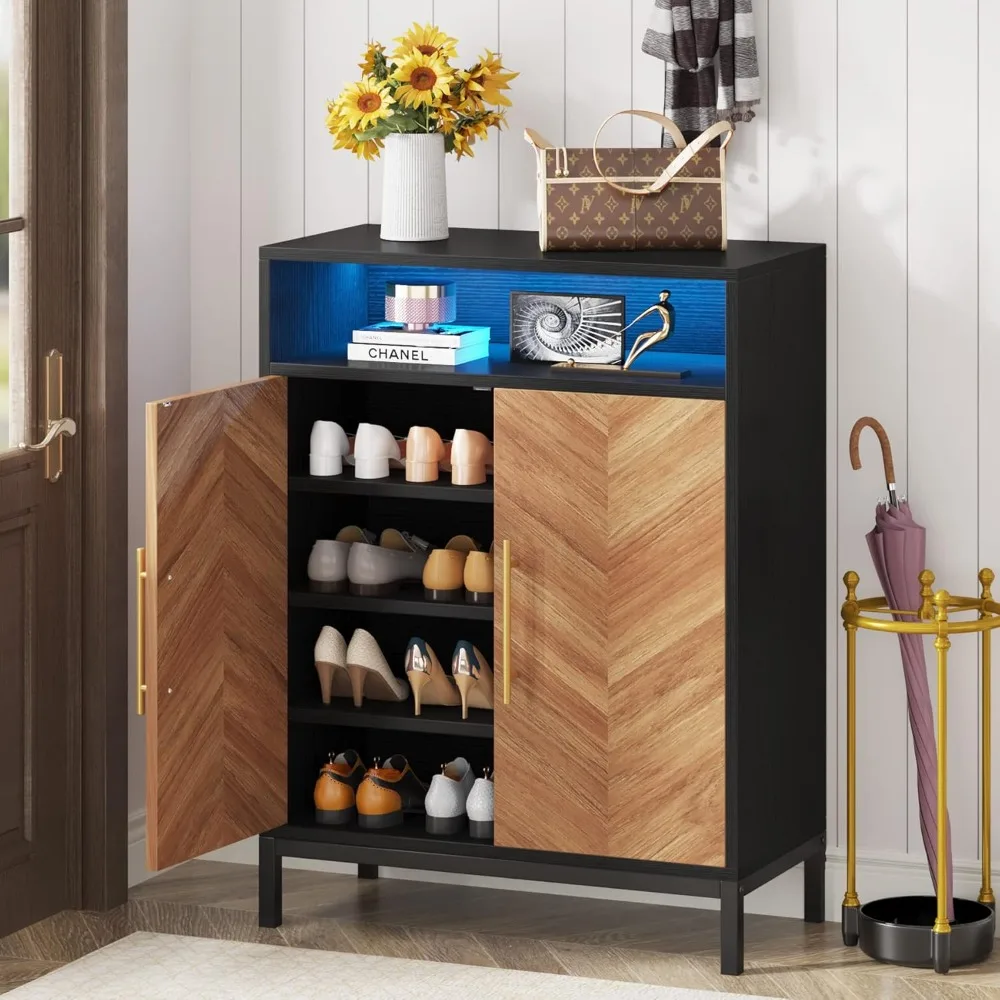 Shoe Cabinet with Doors and Shelves, 16 Pairs Entryway Cabinet with Led Light, 5-Tier Free Standing Racks Storage Org