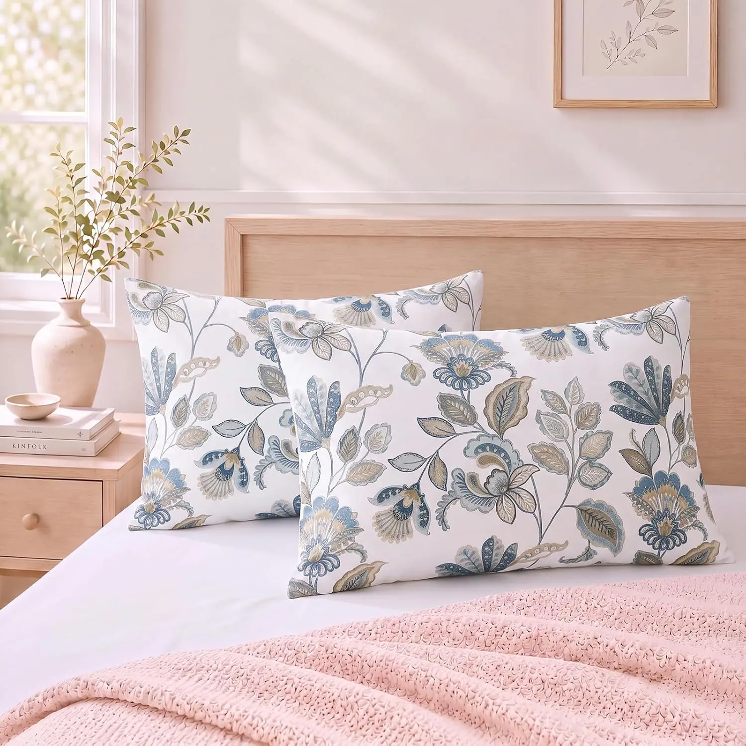100% Cotton Standard/Queen/King Size Pillowcase, 1-Piece Blue Botanical Pillow Case, Vintage Blue Floral, Soft Breathable French Style Envelope Closure Pillow Cover(Body, 20