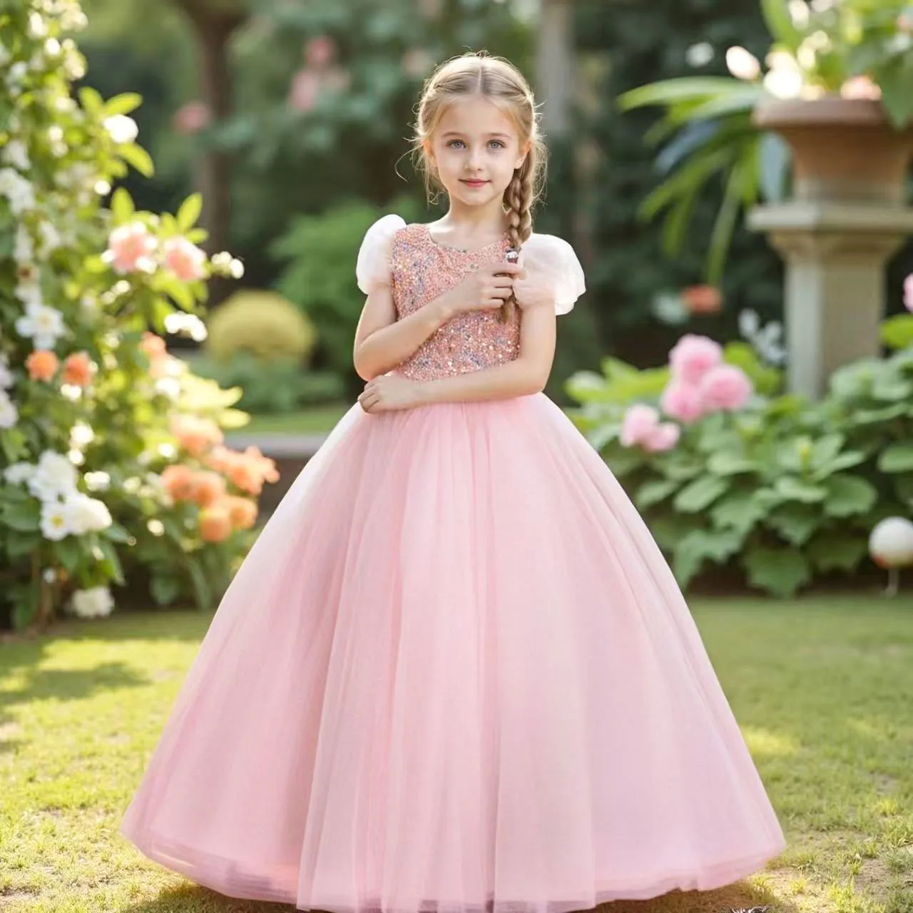 

Girl Princess Dress Multi Color Puffy Tulle Skirt Children Clothes Kid Party Night Weddings Birthday Prom Long Sequin Mesh Dress