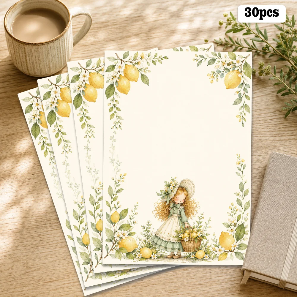 30 Sheets, B5, French Lemon Girl Themed Writing Paper, Lined, No Glue, Very Suitable For Notebooks, Memos, And Stickers