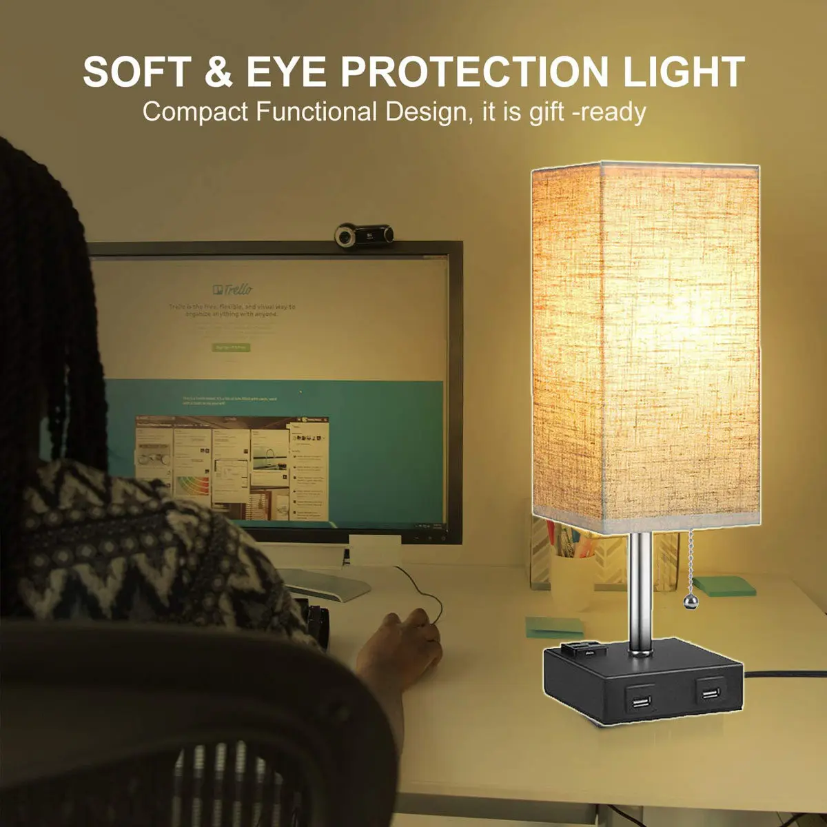 Multifunctional Bedside Lamp, Table Desk Lamp with Dual USB Ports Outlets, Fabric Shade