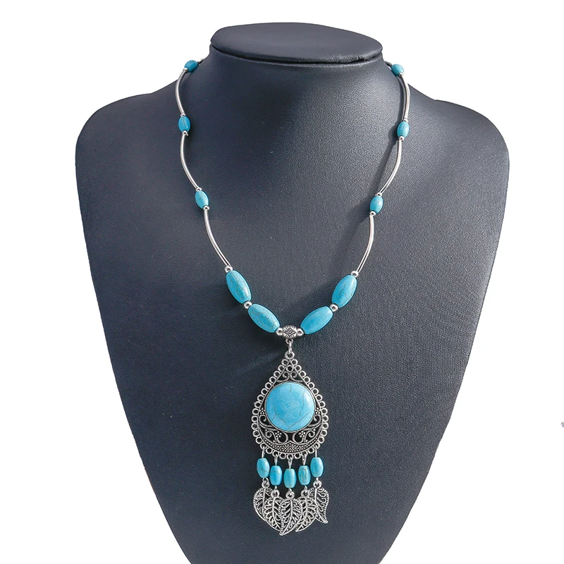 Bohemian Turquoise Tassel Necklaces for Women Ethnic Tree Leaf Pendants Statement Necklace Girls Party Jewelry Gifts