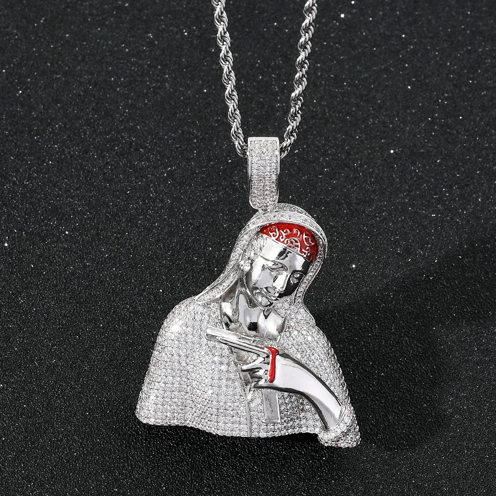 Iced Out Figure Portrait Pendant Silver Plated Cubic Zircon Enamel Hip Hop Men Rope Chain Fashion Necklace