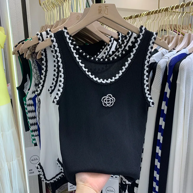 Women Summer Thin Curved Beads Knitted Vest Sleeveless Knit Camisole Tops Female O-Neck Outer Wear Inner Top Tank Rose