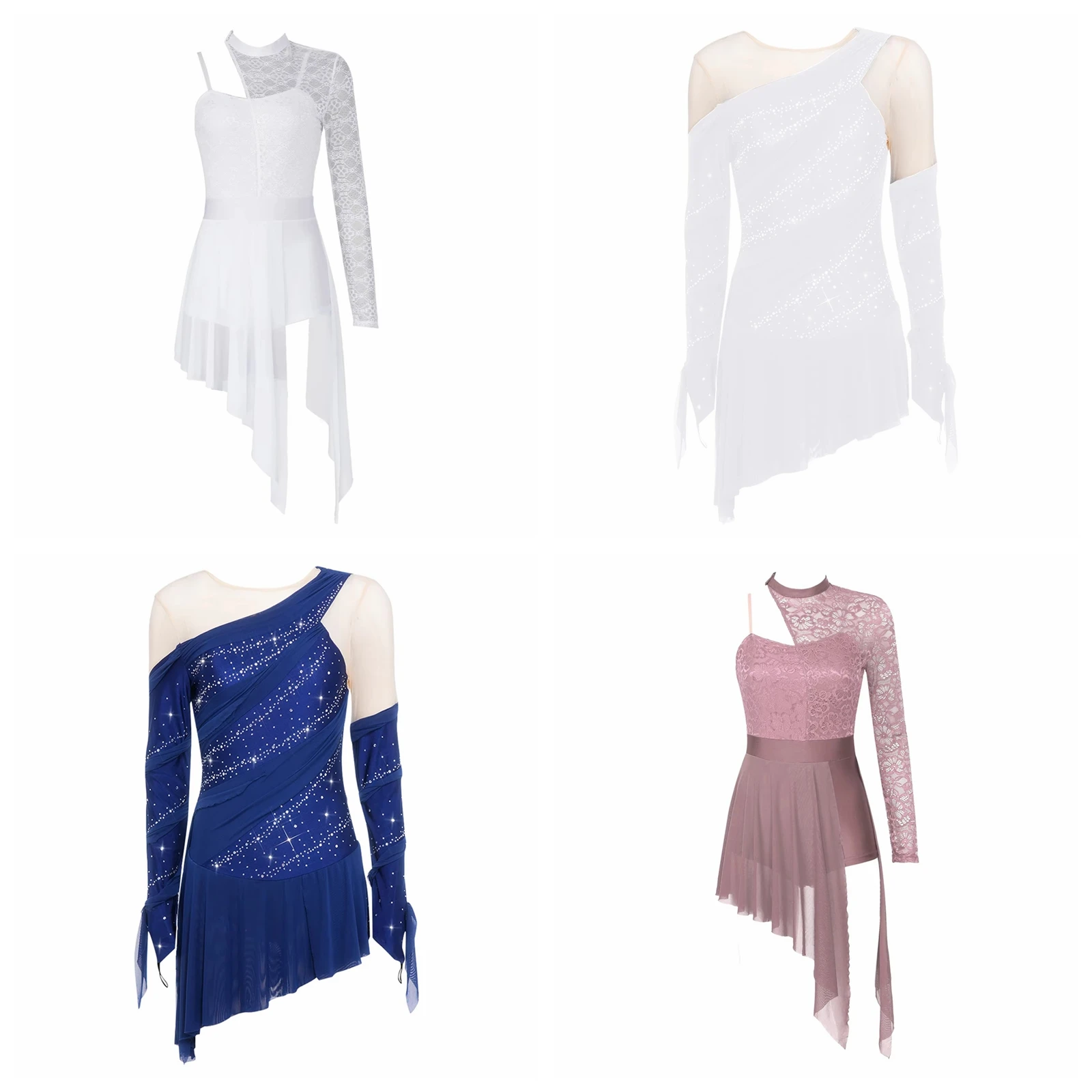 Vestido de patinaje artístico para mujer con diamantes de imitación, ropa de danza lírica, leotardo de ballet y gimnasia con malla para adultos, vestido de patinaje artístico para niñas