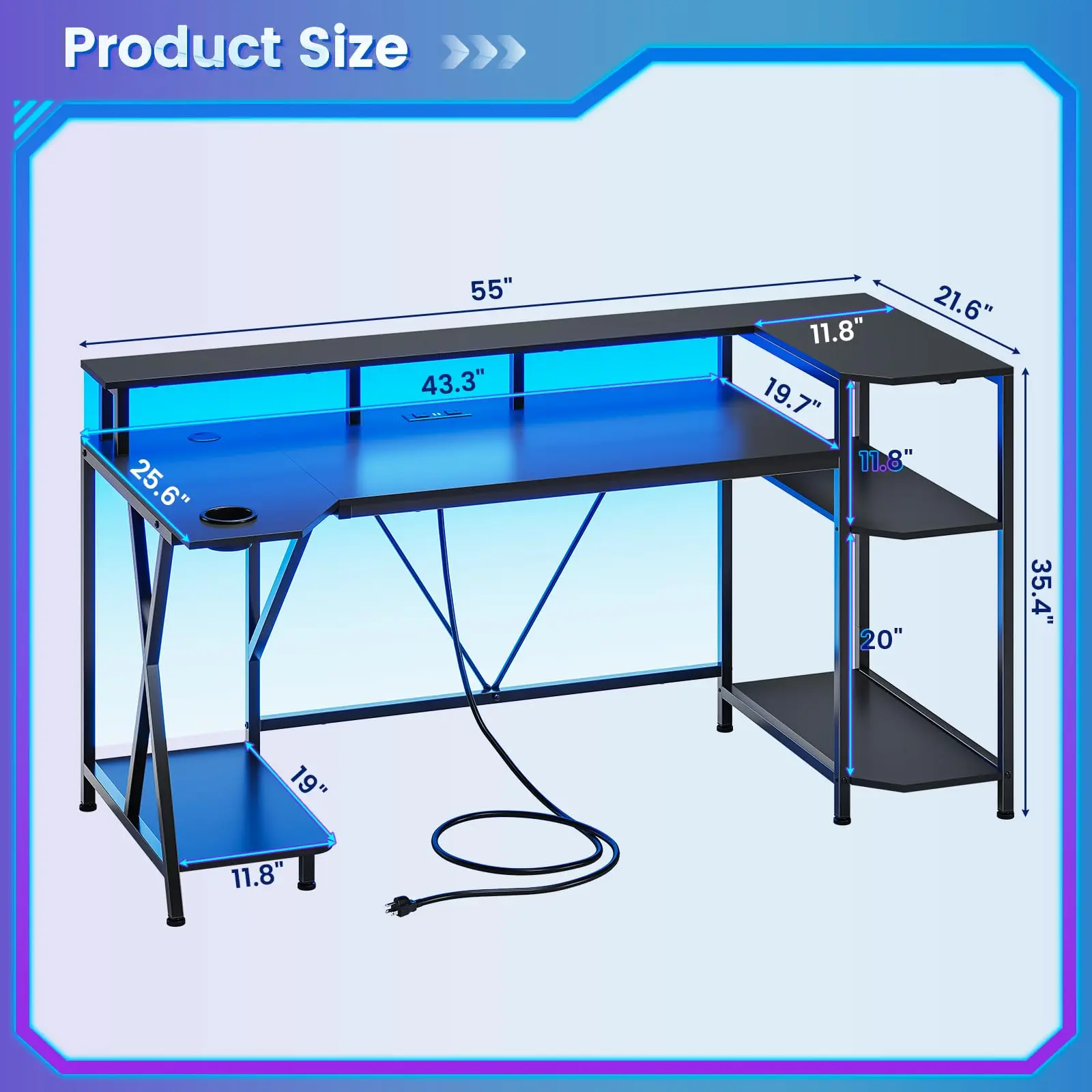 Hot SaleGaming Desk 55'' With LED Lights And Storage Shelves, Black