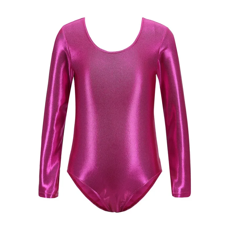 Kids Girls Ballet Dance Leotards Gymnastic Costume Long Sleeve Shinny Metallic Dance Leotard Bodysuit Ballet Training Wear 1-12Y