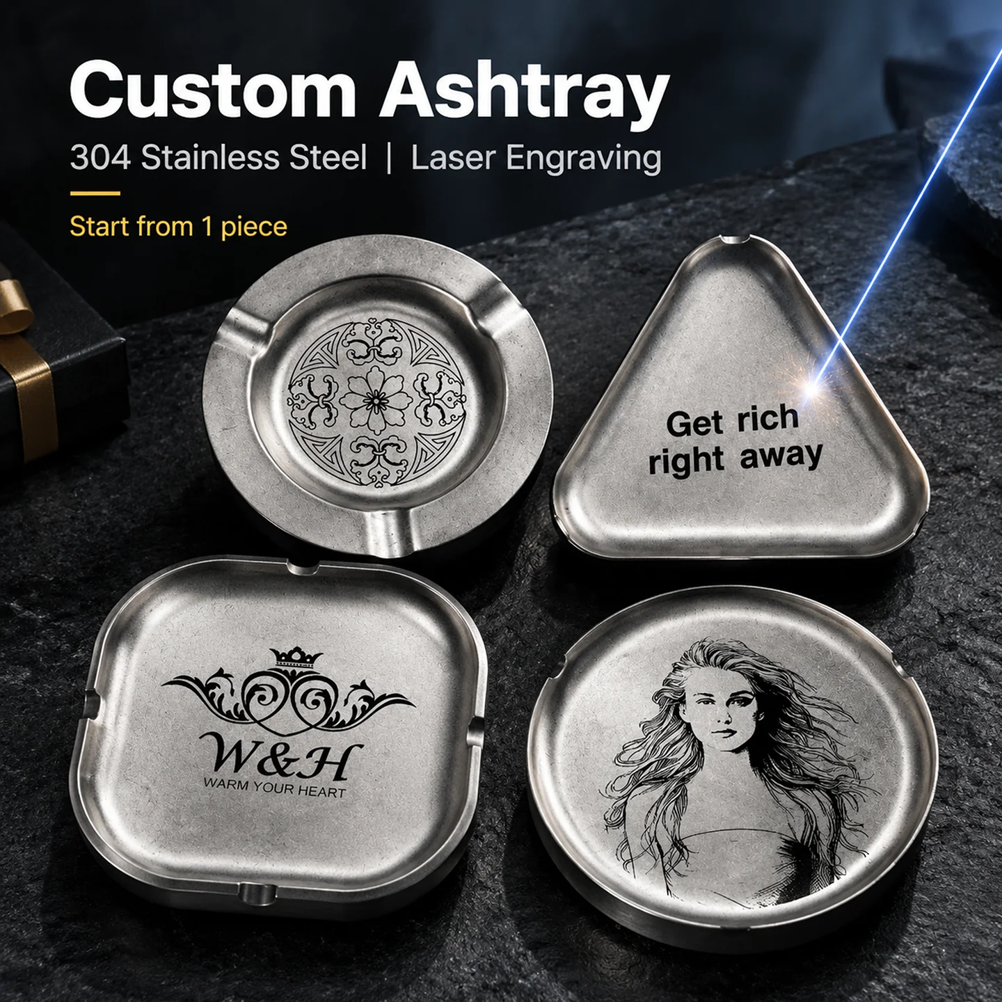 Vintage Distressed 304 Stainless Steel Ashtray Laser Engraving DIY Personalized Custom Photo Text Logo Customized Souvenir Gift