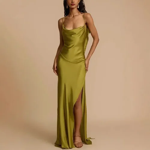 Imagen 2 del producto Vestido informal suelto para resort Primavera Verano 2025, nuevo vestido deslizante con abertura, vestido largo sin mangas Matcha, vestidos sin cuello y espalda descubierta