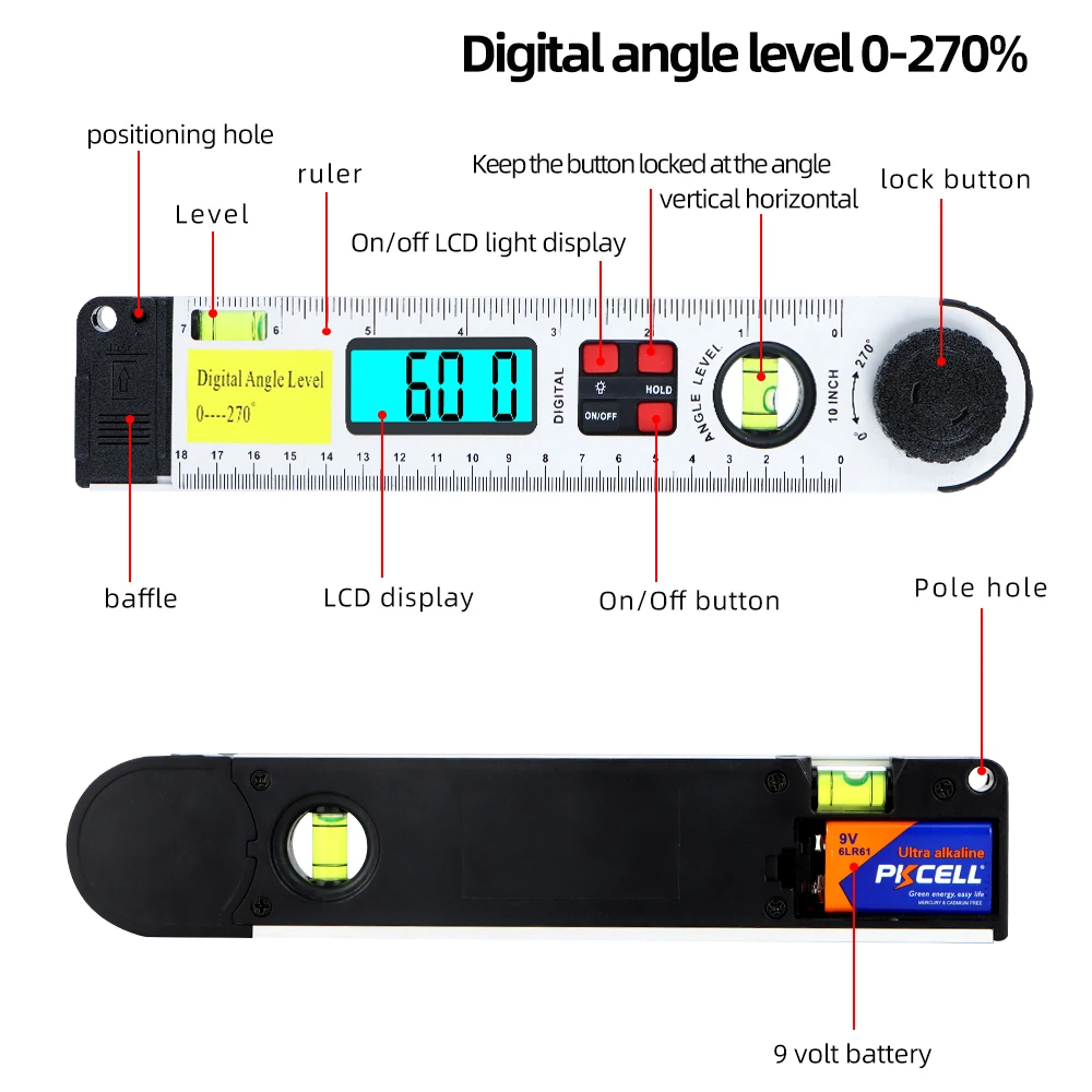 2 in 1 Digital Meter Angle Inclinometer Spirit level Angle Ruler Electron Goniometer Protractor Angle finder Measuring Tool