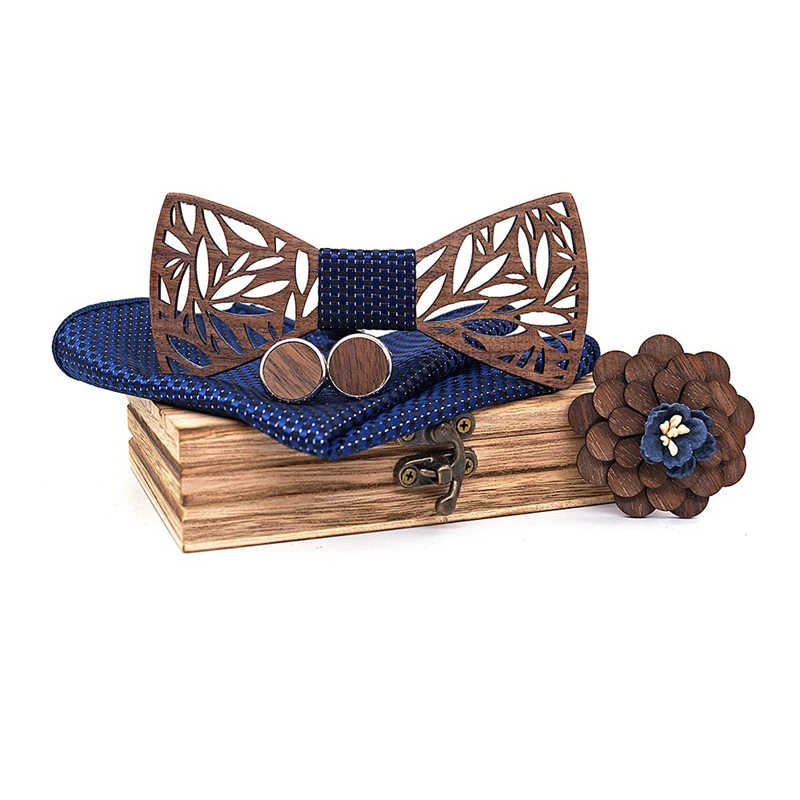 Handmade Mens Wood Bow Tie With Matching Pocket Square And Men's Cufflinks Set