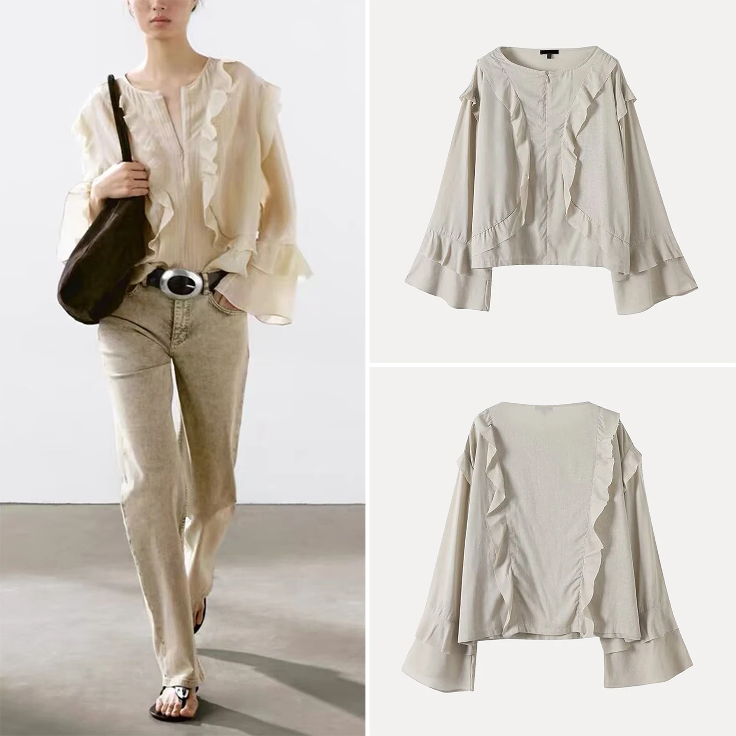 

Модная женская блузка с длинным рукавом и V-образным вырезом, весна 2025, новинка, рукава-колокол, бежевый цвет, топ от бренда Z