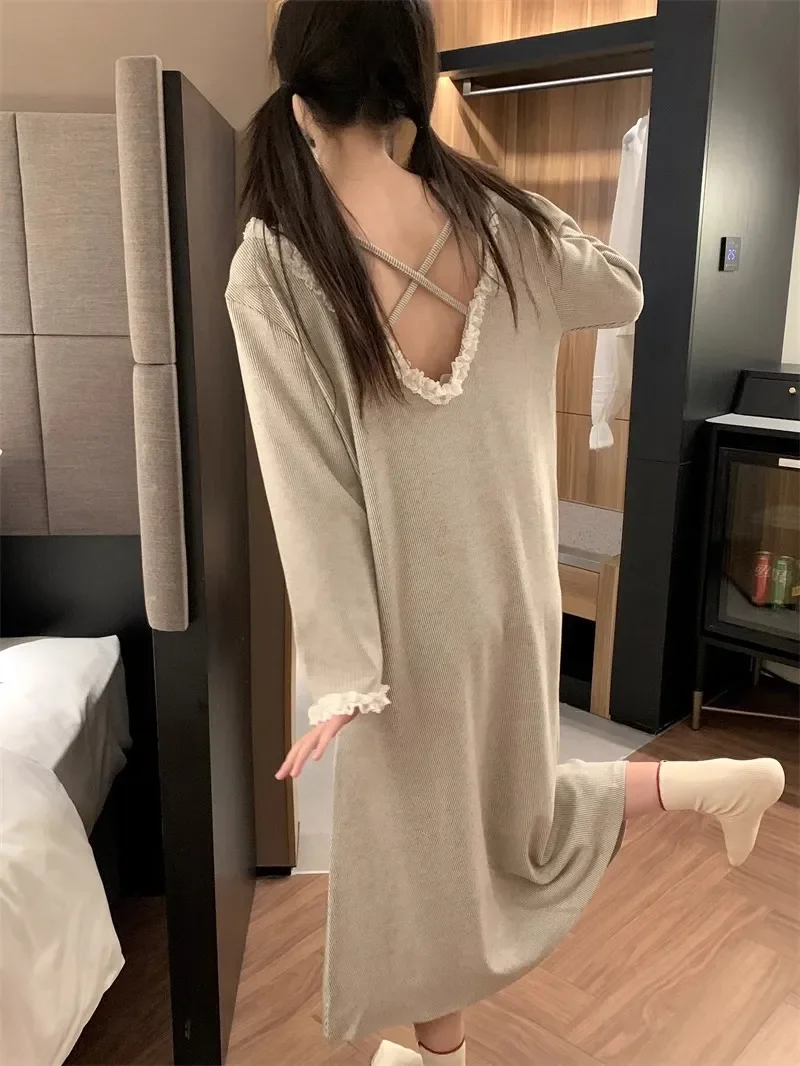 

Long-Sleeved Princess Style Nightgown Loose Large Size Can Be Worn Outside the Home Wear Summer Women's Pajamas Lace White Korea