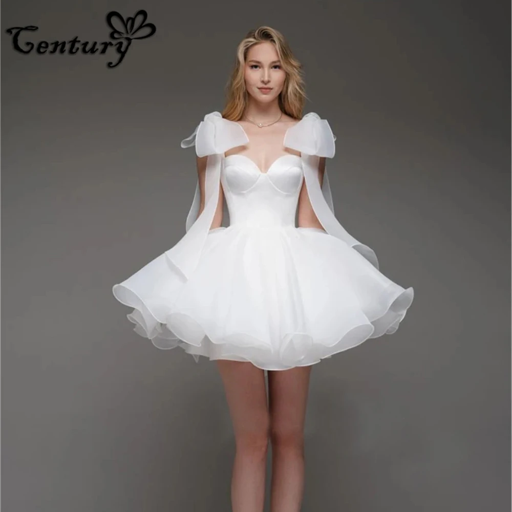 Short Wedding Dresses Mini A-Line Solid Bow Straps Sweetheart Bridal Gowns Backless Sleeveless Bride Dress Customized