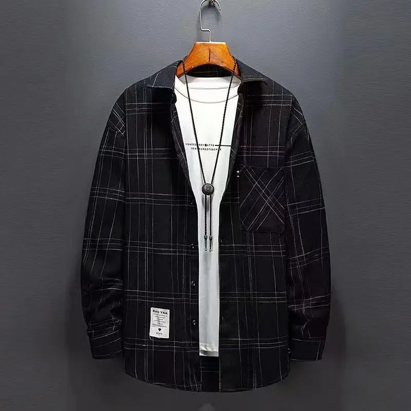 

Рубашка Chaopai мужская с воротником-поло, модная клетчатая дышащая одежда в американском стиле, свободная блузка на пуговицах, с длинным рукавом, весна-осень