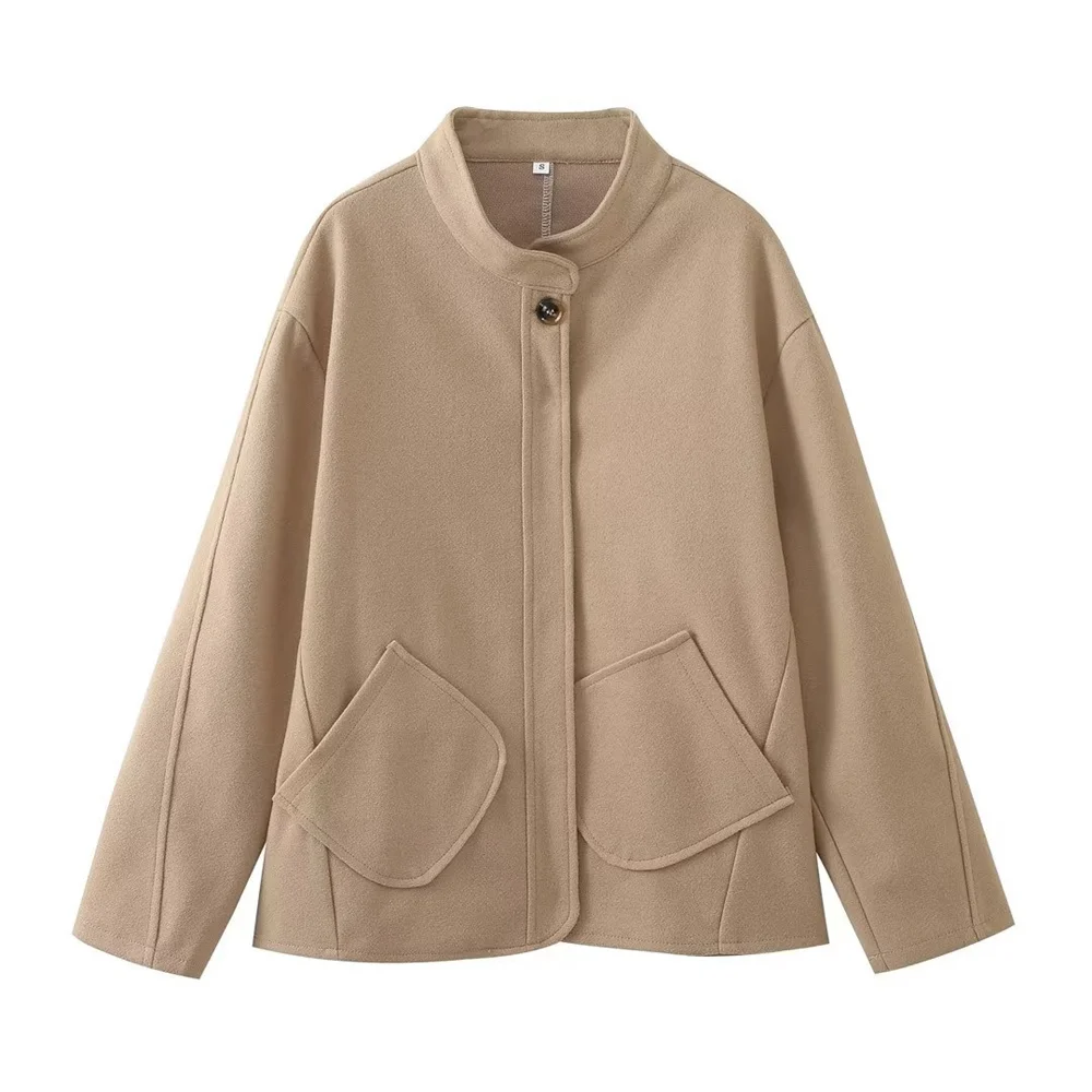 

Elegant Khaki Woolen Warm Cropped Coat for Women Winter Stand Collar Long Sleeve Single Breasted Chic Streetwear Jackets